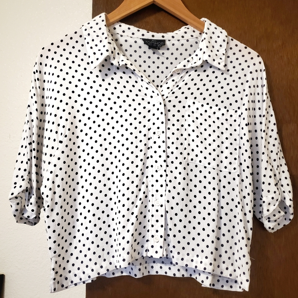 Topshop Petite Polka Dot Crop Button-Up Top